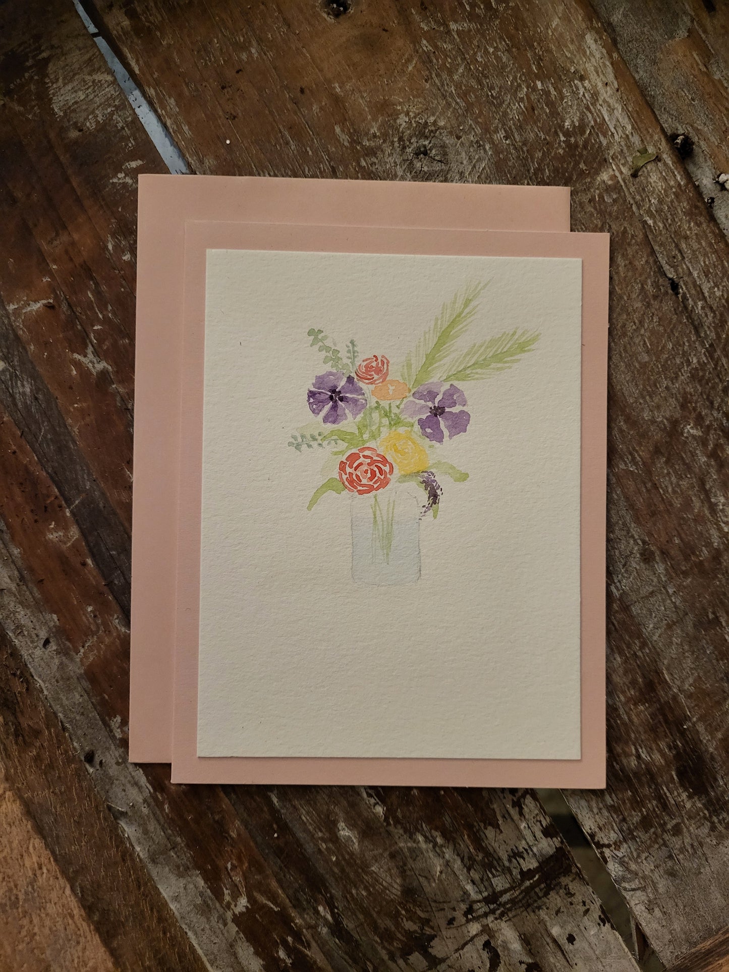 This no sentiment card has a jar with different coloured flowers painted on it.